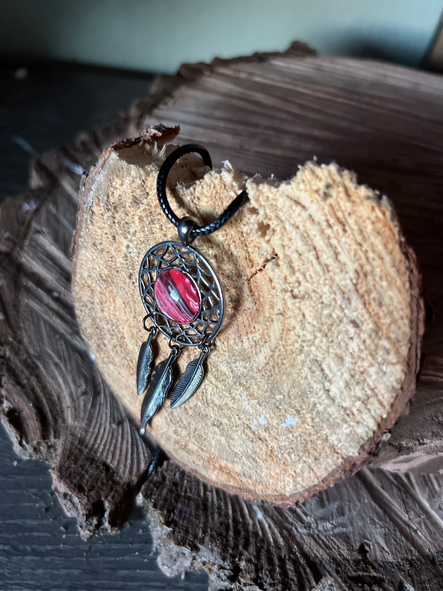 Dreamcatcher Necklace- Red Marbled
