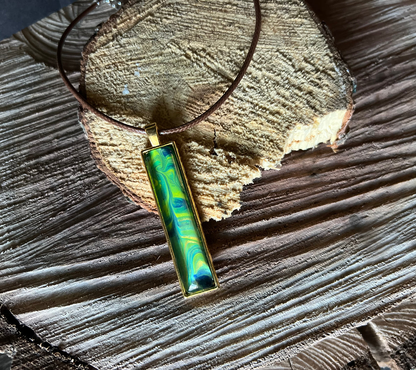 Rectangle Pendant Necklace - Blue and Green Swirl