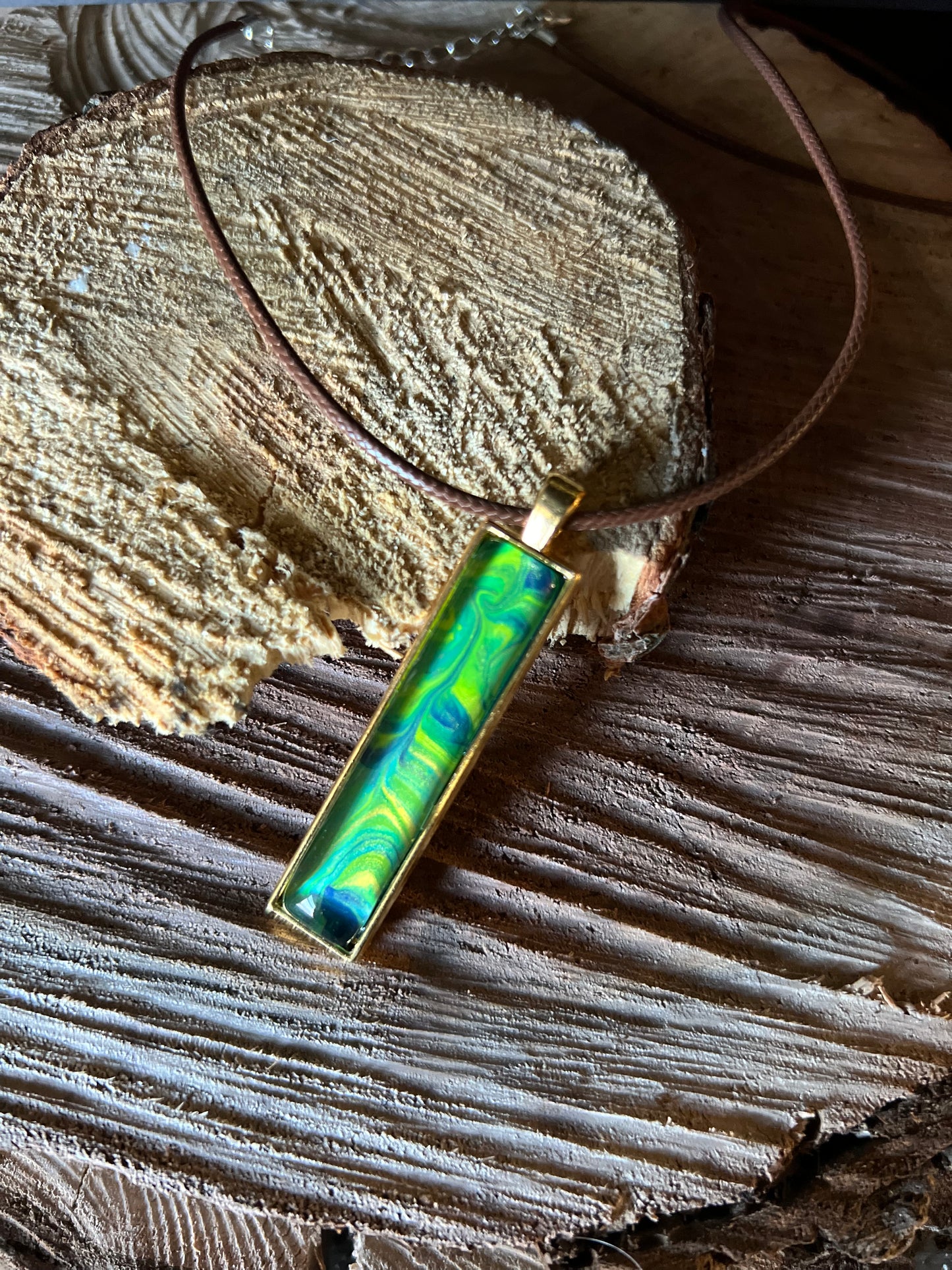 Rectangle Pendant Necklace - Blue and Green Swirl