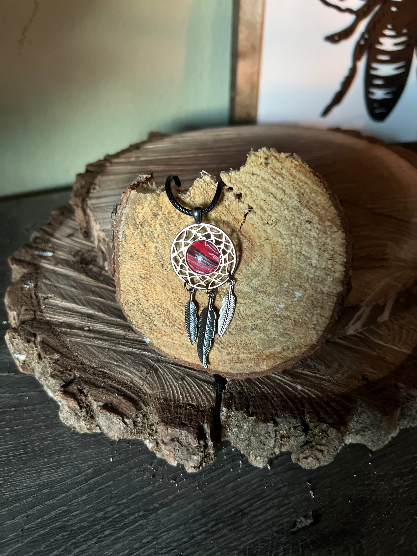 Dreamcatcher Necklace- Red Marbled