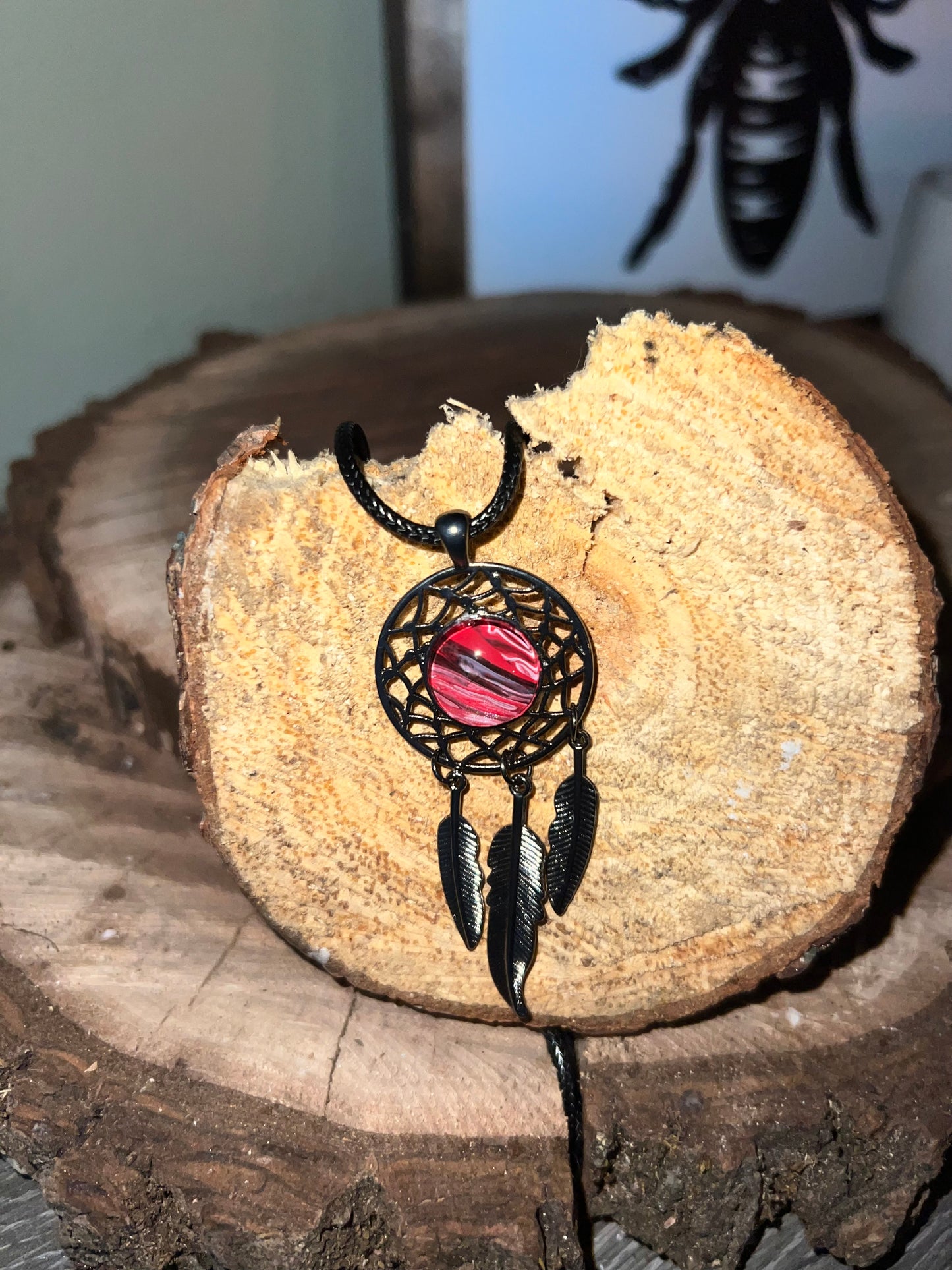 Dreamcatcher Necklace- Red Marbled